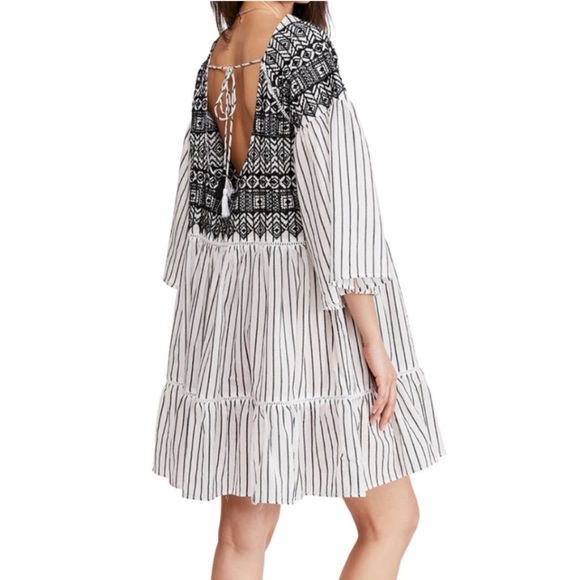 Free People Black White Striped Lola Embroidered Mini Dress XS Boho Oversized - Picture 2 of 12